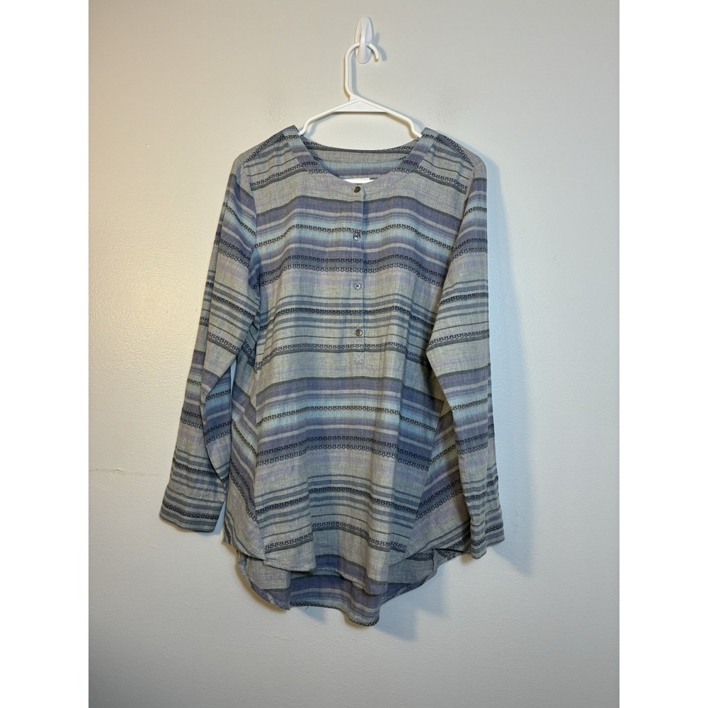 J.Jill Gray Striped Popover‎ Cotton Woven Tunic Top Sz M Long Sleeve Comfort
